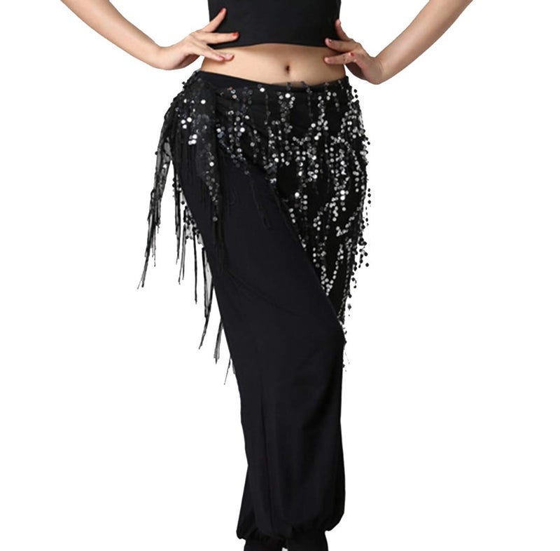 Lauthen.S Women Belly Dance Hip Scarf, Sequin Tassels Triangle Tribal Wrap Skirt Waist Chain Black(Silver Sequins) - Image 4